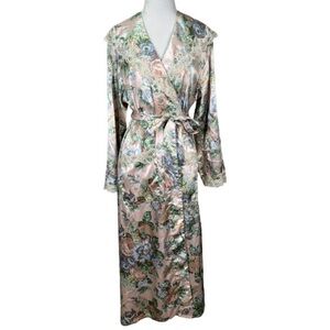 Vintage Victoria's Secret Gold Label Floral Satin Robe M Pink Lace Long Duster